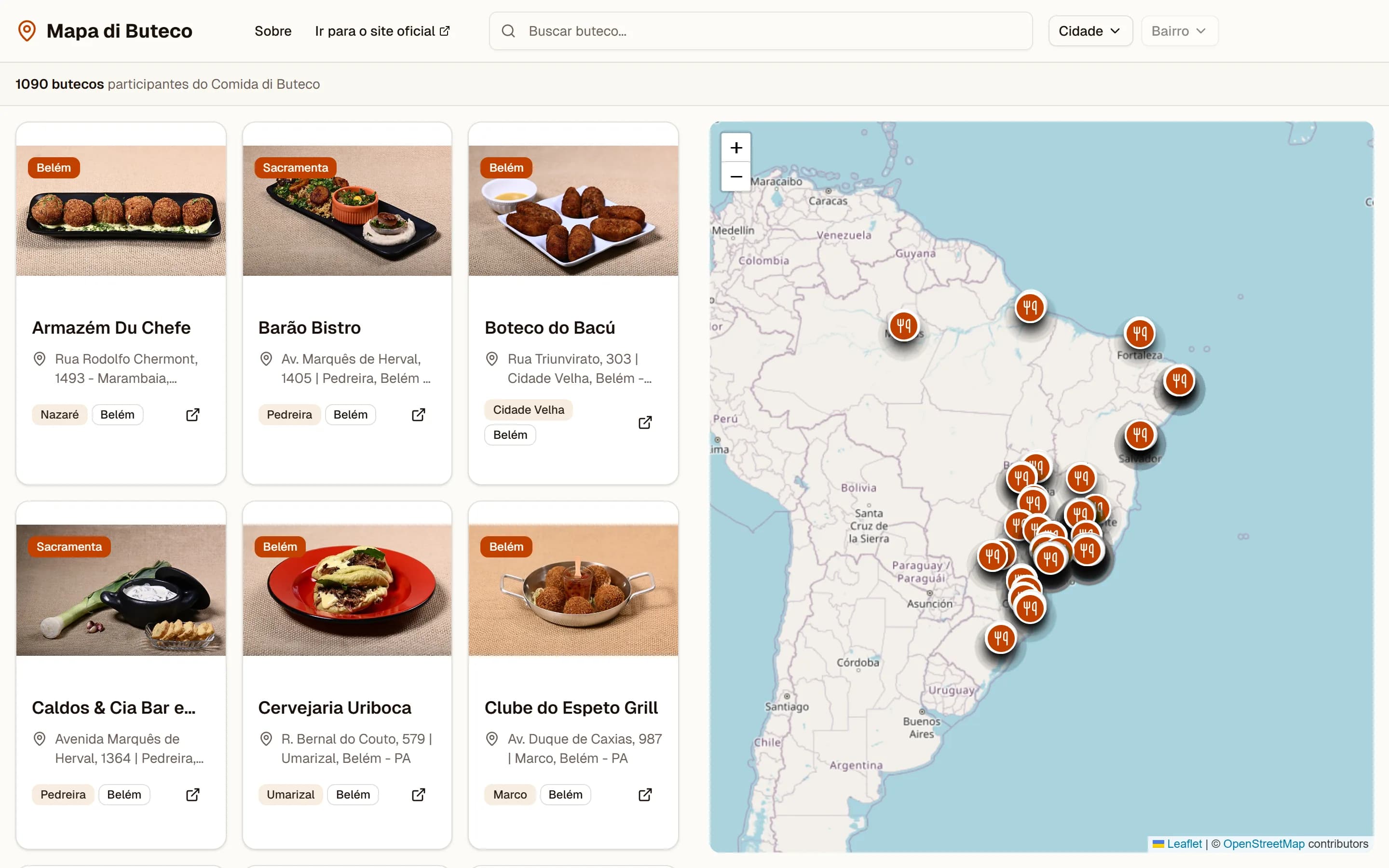 Mapa di Buteco on desktop: bar cards next to a map of Brazil